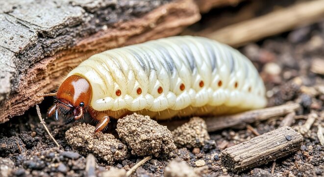  A large, C-shaped grub (like a Stag or Rhino beetle larva) in a piece of rotting wood or soil q