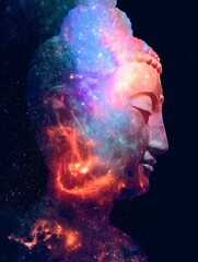 Ethereal Buddha Portrait with Cosmic Galaxy Background in Vibrant Colors