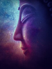 Serene Buddha Face Against Cosmic Background with Spiritual Vibes
