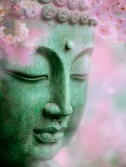 Serene Buddha Face Surrounded by Delicate Pink Blossoms and Light