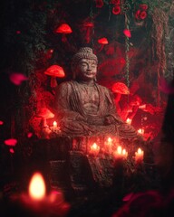 Serene Buddha Statue Surrounded by Red Mushrooms and Candles