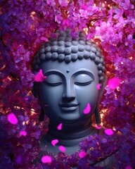Serene Buddha Surrounded by Blooming Cherry Blossoms and Petals