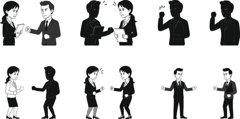 Business interaction, cartoon illustration, emotional expression, office people, professional conflict, teamwork gesture, corporate emotion, vector art, communication pose, silhouette style
