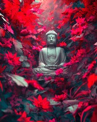 Serene Buddha Surrounded by Vibrant Red Leaves in Tranquil Garden