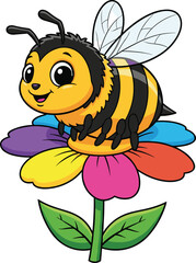 Cartoon bee on flower, colorful petals, cheerful insect, nature illustration, children education, vector art, playful design, learning content, fun theme