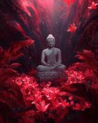 Serene Buddha Statue Surrounded by Red Leaves and Ethereal Light