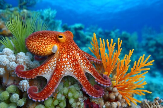Octopus camouflaging among colorful coral reef underwater
