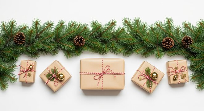 Christmas border with pine branches, pine cones, and craft paper gifts on a white background, top view - Powered by Adobe