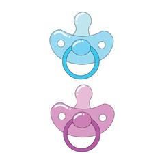 Cute Baby Pacifier Set: Blue and Pink Soothers or Dummies for Newborn Boy and Girl Vector Illustration