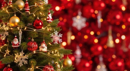 Close-up of a beautifully decorated Christmas tree with ornaments and lights, blurred red background