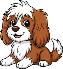 Cartoon cute dog, fluffy pet, sitting puppy, friendly character, children illustration, vector art, smiling animal, playful design, brown white fur
