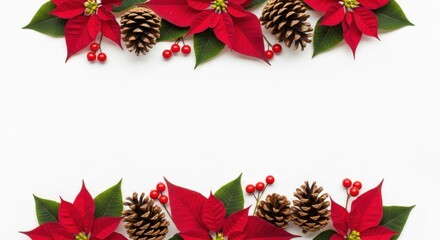 Christmas border frame with poinsettia flowers, pine cones, and red berries on a white background