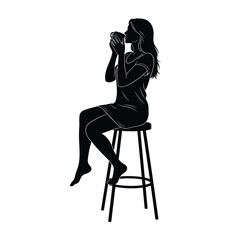 Silhouette of a young woman sitting on a stool, holding a mug and drinking, isolated on white. isolated on white background, Vector, illustration