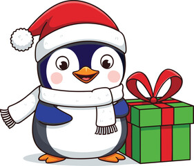 Cartoon penguin, Santa hat, winter scarf, Christmas gift, festive character, holiday theme, cute animal, vector art,  red ribbon, green box, celebration, white background