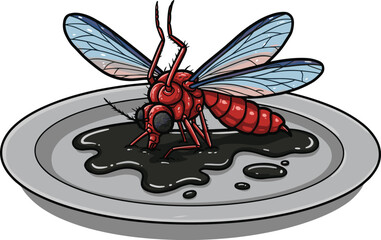 Cartoon mosquito on plate, surreal insect, feeding pose, dark liquid, vector illustration, biology theme, detailed anatomy, artistic bug, contamination concept