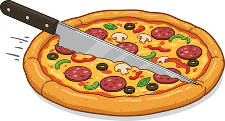 Cartoon pizza slice, pepperoni, mushrooms, bell peppers, olives, basil, knife cutting, food illustration, vector art, crust, Italian, delicious, tasty, lunch, dinner, fast food, kitchen