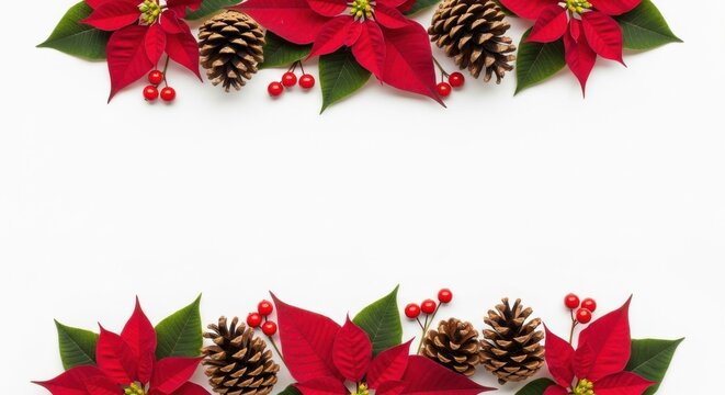 Christmas border frame with poinsettia flowers, pine cones, and red berries on a white background