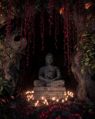 Serene Buddha Statue Surrounded by Candles and Red Flowers in Cave