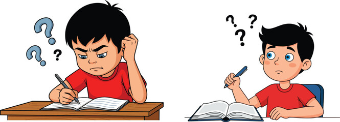 PrintCartoon students, confused expression, homework struggle, vector illustration, academic frustration, school desk, question marks, learning difficulty, classroom scene, study challenge