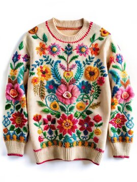 Colorful floral embroidered sweater with intricate patterns and designs on a white background