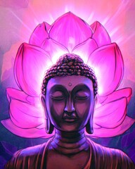 Serene Buddha Statue Surrounded by Radiant Pink Lotus Flower