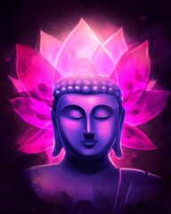 Serene Buddha with Vibrant Lotus Flower Background in Purple Hue