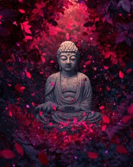 Serene Buddha Statue Surrounded by Vibrant Leaves and Petals