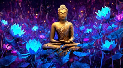 Serene Buddha Surrounded by Vibrant Blue Lotus Flowers in Mystic Setting