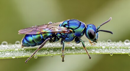 Naklejka premium A macro photo of a metallic, jewel-toned Cuckoo wasp (Emerald wasp) 1