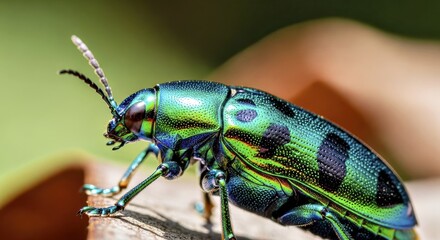 Fototapeta premium A macro shot of a metallic green or blue jewel beetle (Buprestidae), its iridescent shell glistening 2