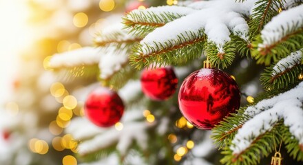 Snow-covered Christmas tree branch with red ornaments and sparkling bokeh lights, winter scene