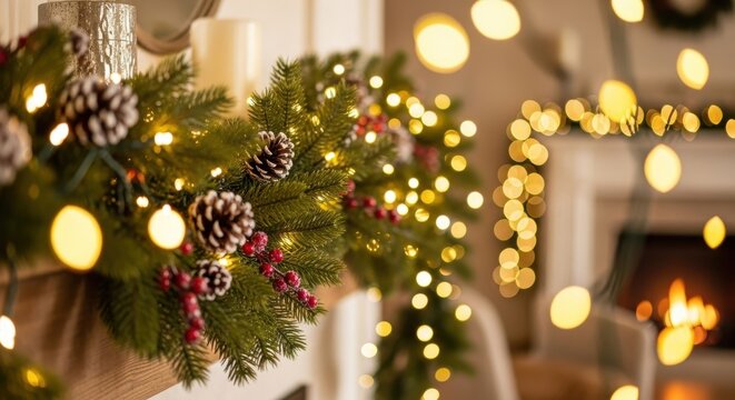 Christmas garland with string lights and pine cones on a fireplace mantelpiece, cozy festive home decor