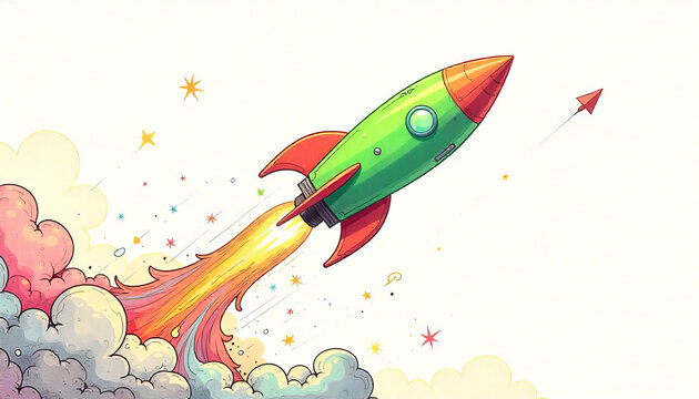 Colorful Rocket Launching into the Sky with Smoke and Clouds - Vector Illustration