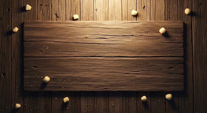 Rustic wooden sign with warm string lights on textured background