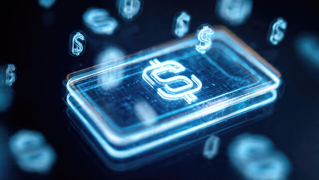 Abstract image depicting glowing blue dollar signs floating around and embedded within digital financial cards, symbolizing virtual currency and futuristic transactions.