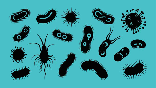 Silhouette of Various Bacteria and Viruses on Light Blue Background