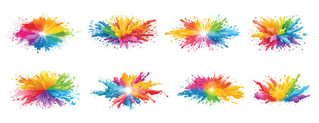 Set of eight colorful paint gulal explosions and powder bursts on white background.