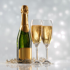 Luxury champagne bottle and two glasses with golden bubbles on silver bokeh background for New Year or wedding celebration