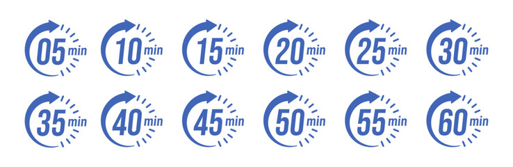 Minute timer, clock, stopwatch, Countdown timer, cooking time icon set. 5, 10, 15, 20, 25, 30, 35, 40, 45, 50, 55, 60 minute dial. Blue color isolated set, symbol. Vector illustration