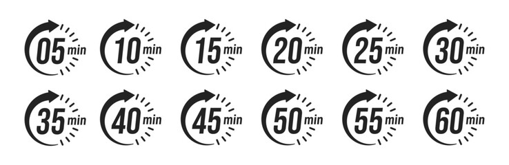 Minute timer, clock, stopwatch, Countdown timer, cooking time icon set. 5, 10, 15, 20, 25, 30, 35, 40, 45, 50, 55, 60 minute dial. Blue color isolated set, symbol. Vector illustration
