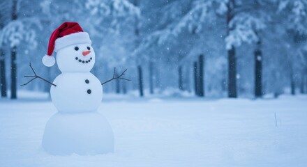 Obraz premium Cheerful Snowman with Santa Hat in a Beautiful Snowy Winter Forest