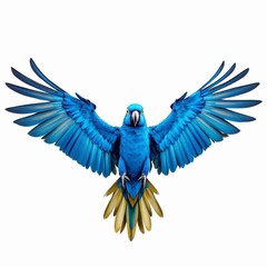 Vibrant blue macaw parrot flying with wings spread wide against a pure white background isolated on white background