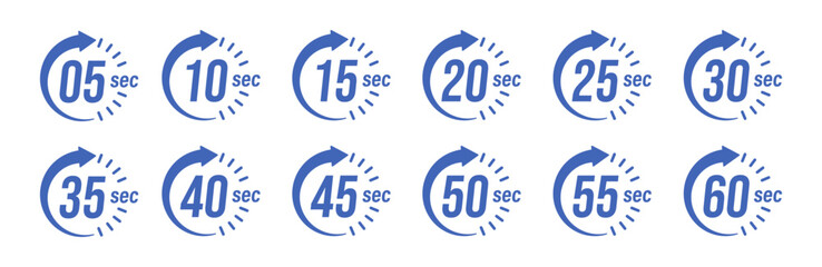 Second timer, clock, stopwatch, Countdown timer, cooking time icon set. 5, 10, 15, 20, 25, 30, 35, 40, 45, 50, 55, 60 second dial. Colorful isolated set, symbol. Vector illustration