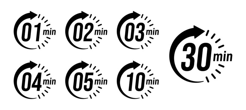 Minute timer, clock, stopwatch, Countdown timer, cooking time icon set. 1, 2, 3, 4, 5, 10 and 30 minute dial. Blue color isolated set, symbol. Vector illustration