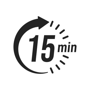 15 minute Timer, clock, stopwatch isolated icons. Countdown timer symbol. Label cooking time. Minute timer, Time measure, Chronometer, Alarm, Kitchen timer, label, sticker, stamp. Vector illustration