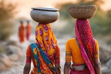 Indian women carrying pot and basket walking