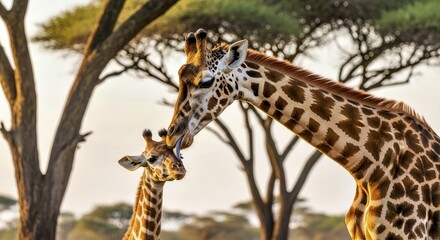 A mother giraffe gently licking calf amid tall acacia trees