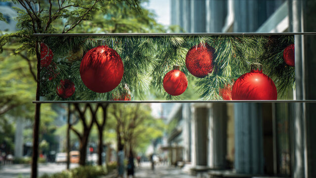 A festive outdoor banner showcasing vibrant red Christmas ornaments amidst lush green pine branches, set against a blurred urban background.