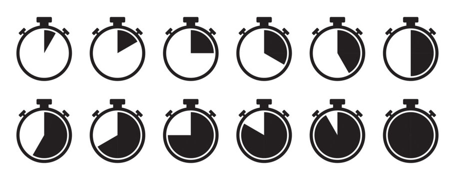Stopwatch icons with varying filled segments and different progress stages, representing countdowns, time measurement, and time management for productivity