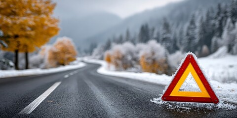 Warning triangle signaling danger on frozen winter road